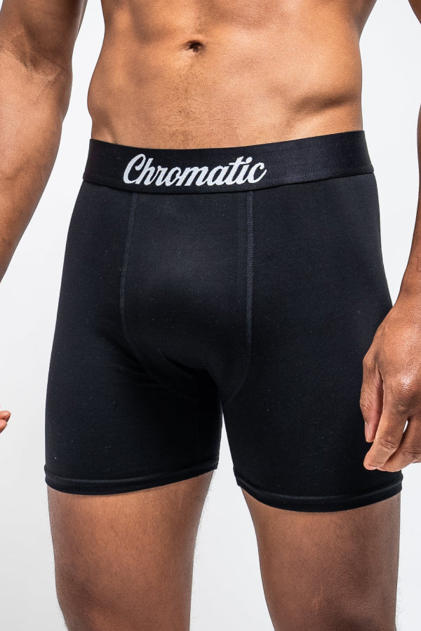 Black Chromatic boxer with a white logo. the chromatic staple