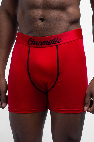 Red and Black Chromatic boxers worn by a model - basketball theme