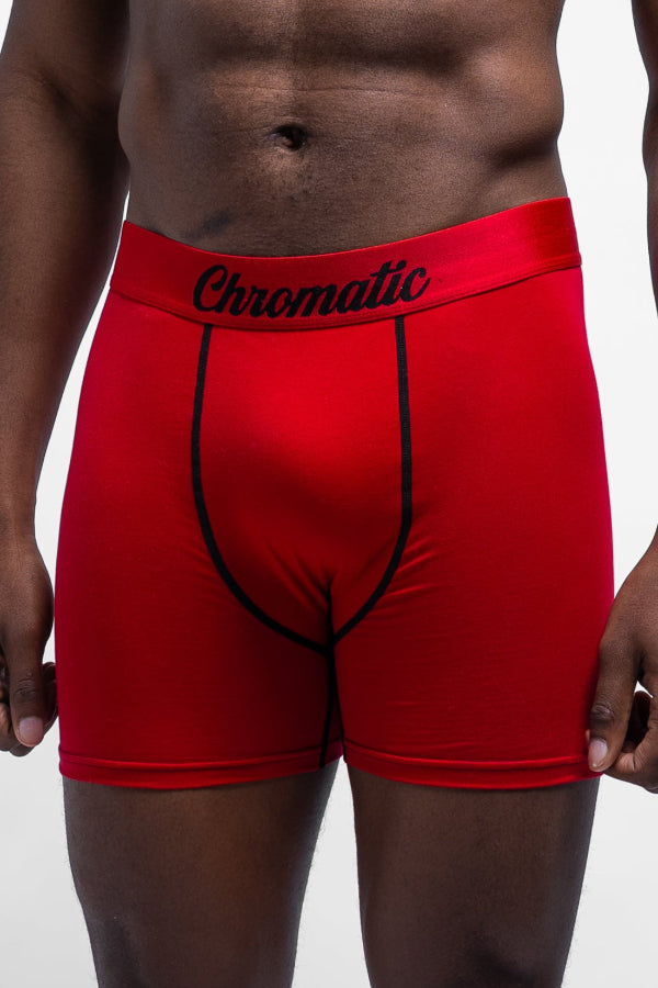 Red and Black Chromatic boxers worn by a model - basketball theme