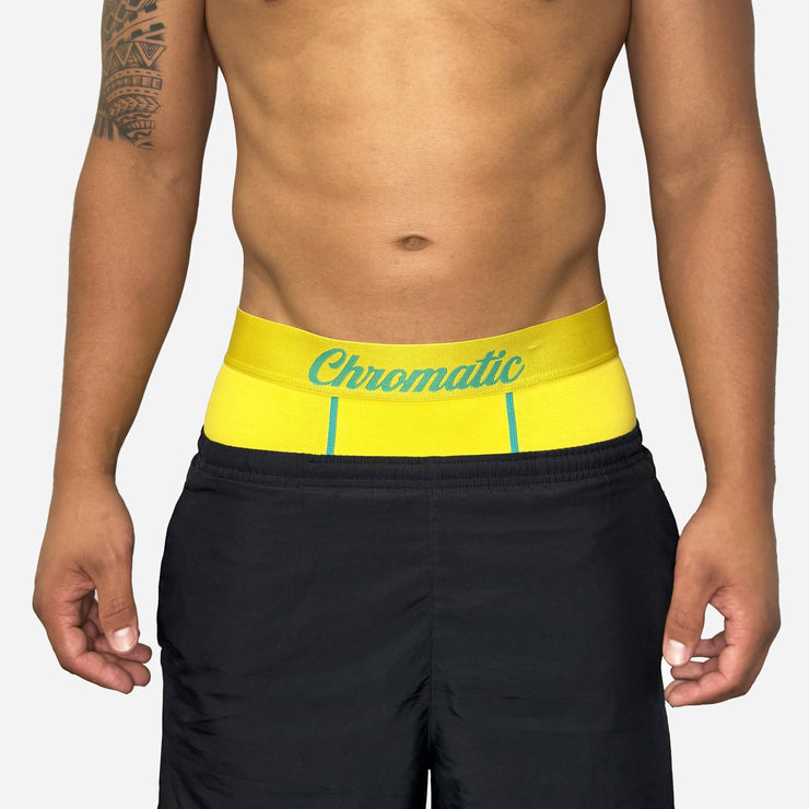 Men's Chromaldinho yellow boxer shorts, premium cotton-spandex fabric, vibrant color, comfortable and stretchy, ideal for everyday wear, high-quality men's underwear.