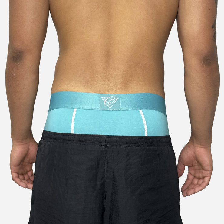 Men's Tsunami SZN turquoise boxer shorts, soft cotton-spandex fabric, eye-catching color, comfortable and stretchy, perfect for everyday wear, premium men's underwear.