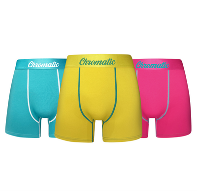 UV11 3-pack boxer shorts for men in turquoise, yellow, and pink, vibrant multicolor design, soft cotton and spandex blend, comfortable fit, breathable and stylish men's underwear.