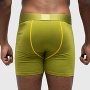 Green boxer briefs with yellow waistband on a plain background