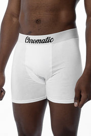 White and Black boxer briefs worn by a model on a white background