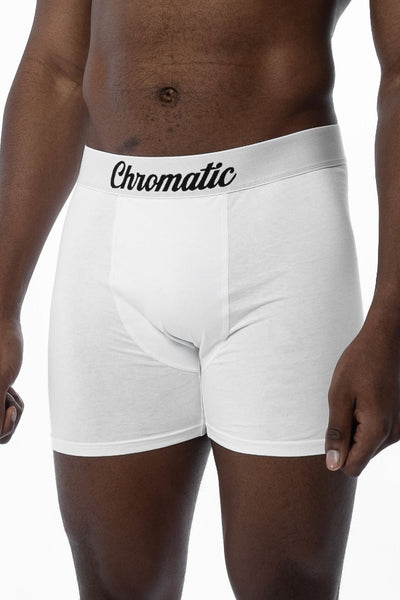 White and Black boxer briefs worn by a model on a white background