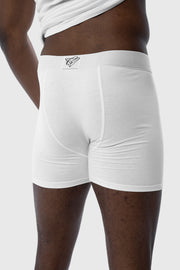 Chromatic white boxer briefs worn by a model on a white background
